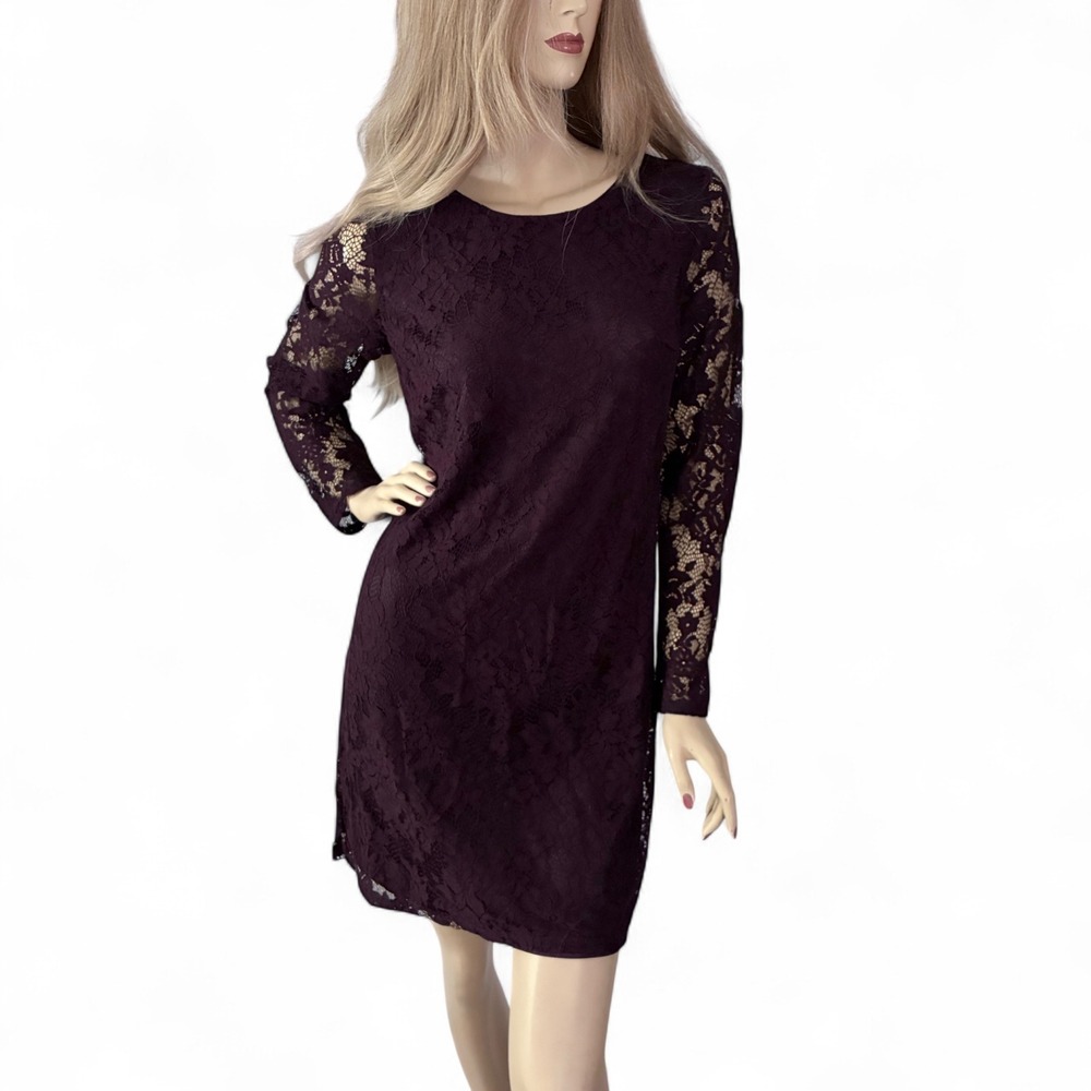 Plum Lace Shift Dress NWT‎ Small | Retro 60s Mod Style | Long Sleeve Mini